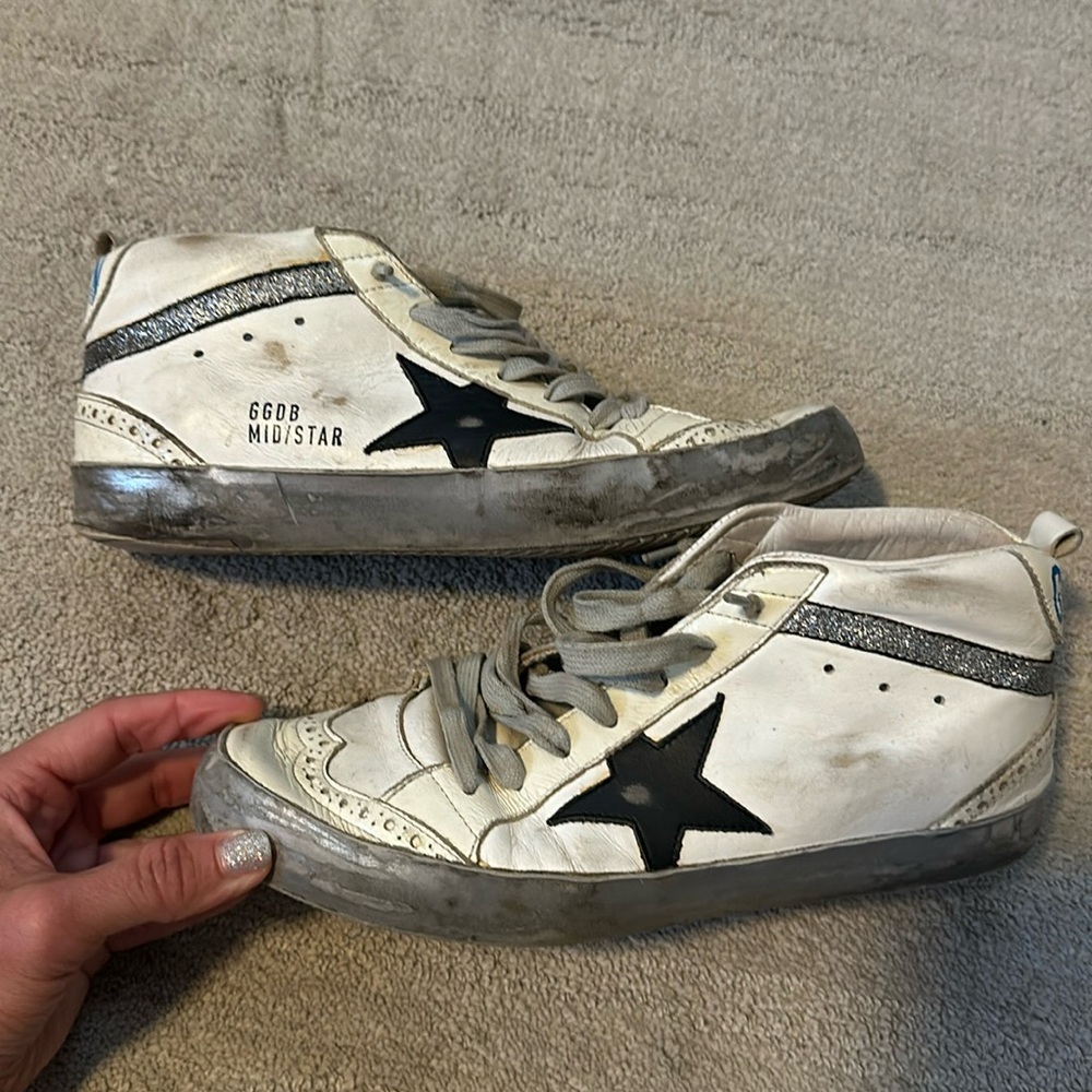Golden Goose euro 38. Midstars white leather w black star— heavy wear!!!